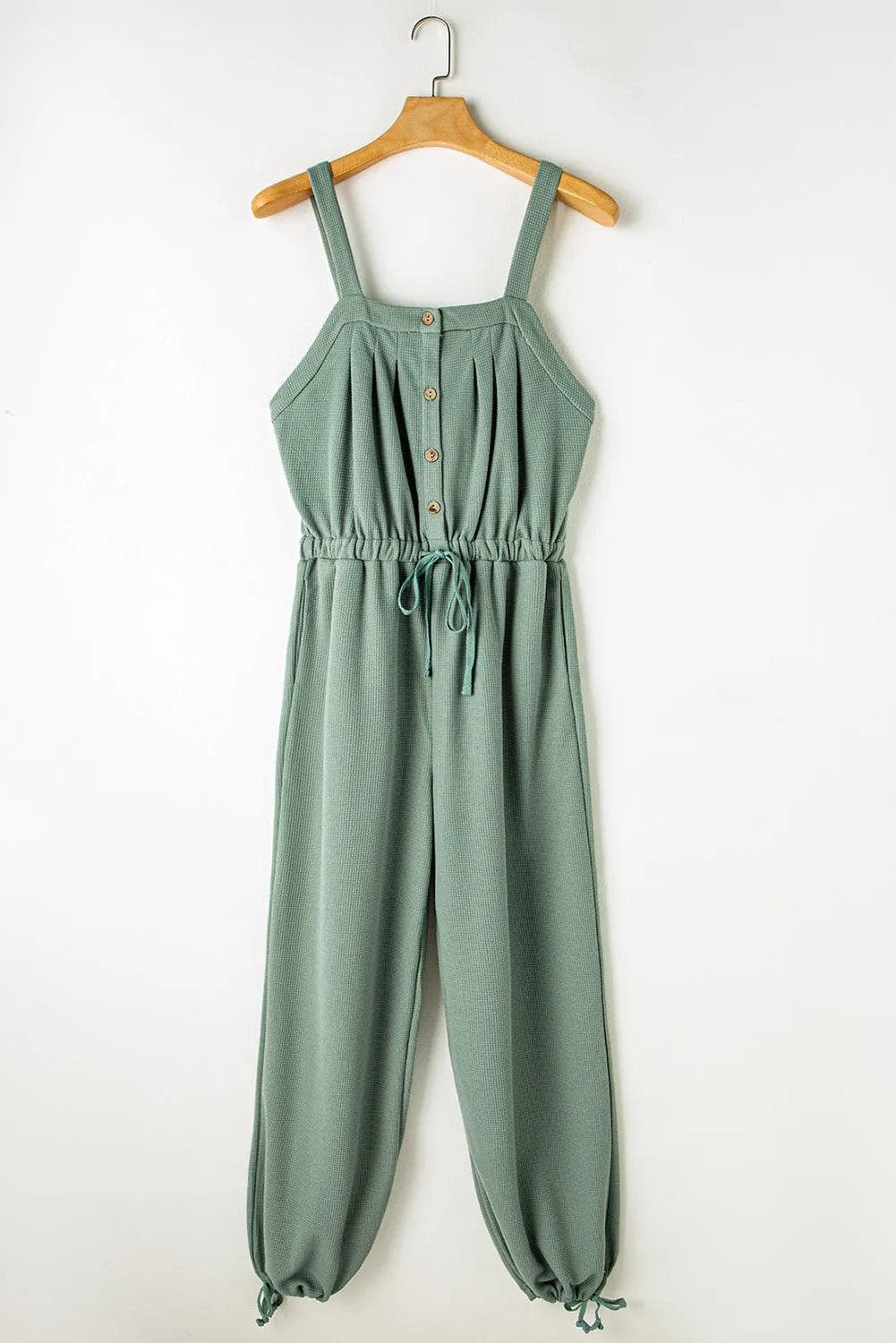 Bottoms/Jumpsuits & Rompers Moss Green Knotted Straps Button Textured Drawstring Jumpsuit