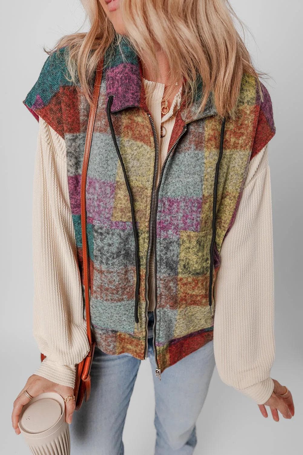 Outerwear/Vests Multicolor Plaid Print Side Pockets Zipped Loose Vest