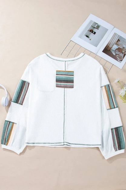 White Striped Patchwork Exposed Seam Waffle Knit Top - Chic Meadow Boutique 