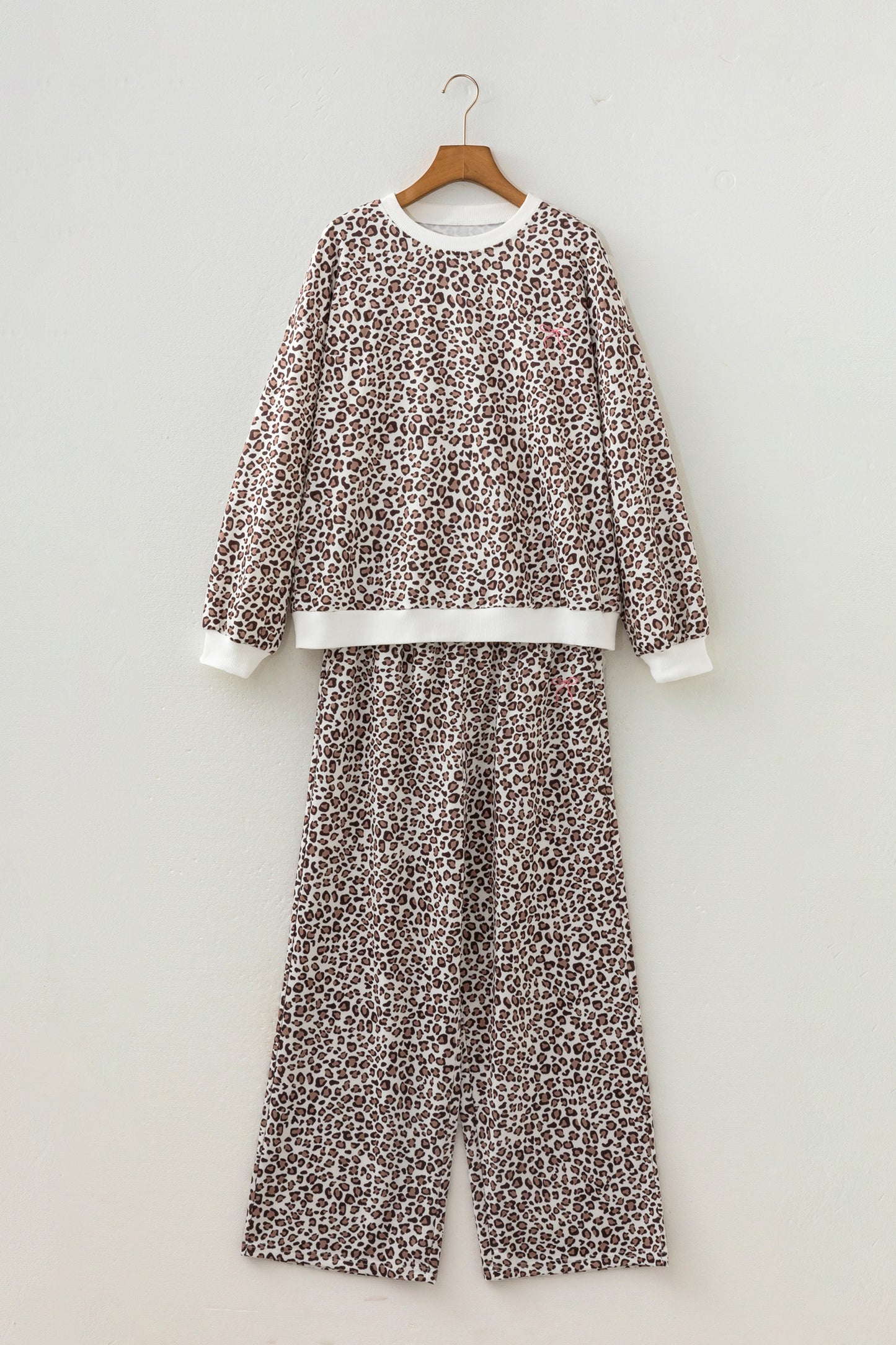 Khaki Leopard Print Embroidery Colorblock Details Pant Set