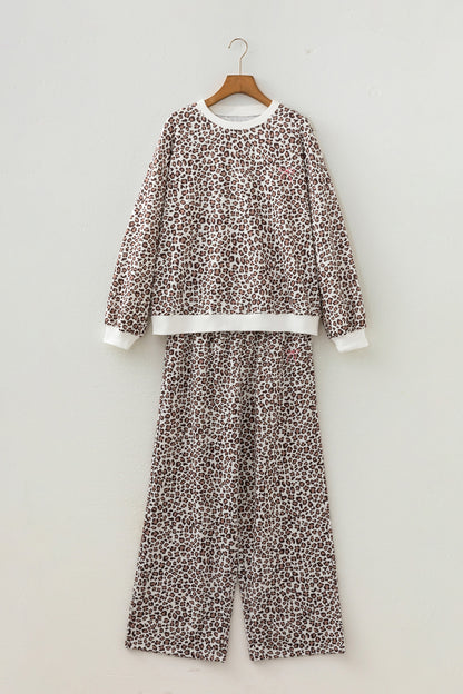 Khaki Leopard Print Embroidery Colorblock Details Pant Set