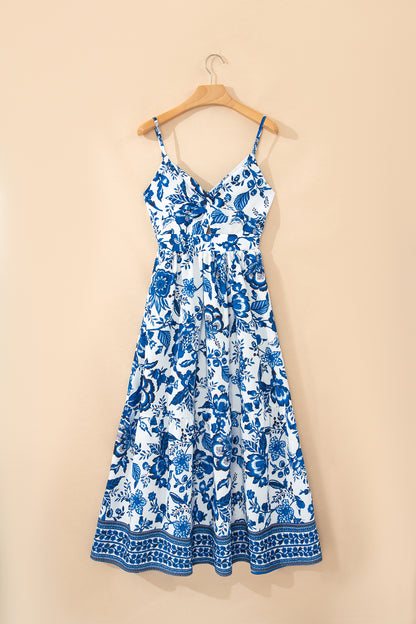 Sky Blue Twisted Bust Spaghetti Straps Backless Floral Maxi Dress