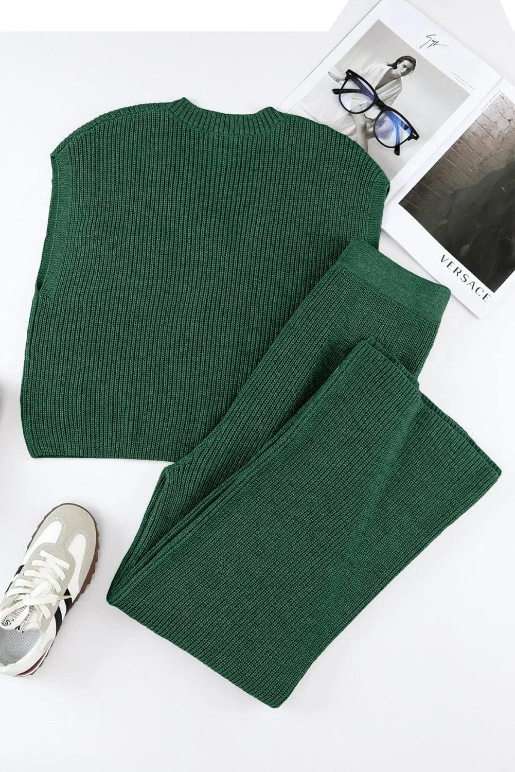 Two Piece Sets/Pant Sets Green Knitted V Neck Sweater and Casual Pants Set