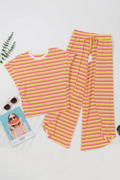 Yellow Stripe Rainbow Tee Tasseled String Wide Leg Pants Set - Chic Meadow Boutique 