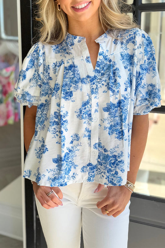 Sky Blue Floral Tiered Puff Short Sleeve Pleated Bust Buttoned Casual Shirt