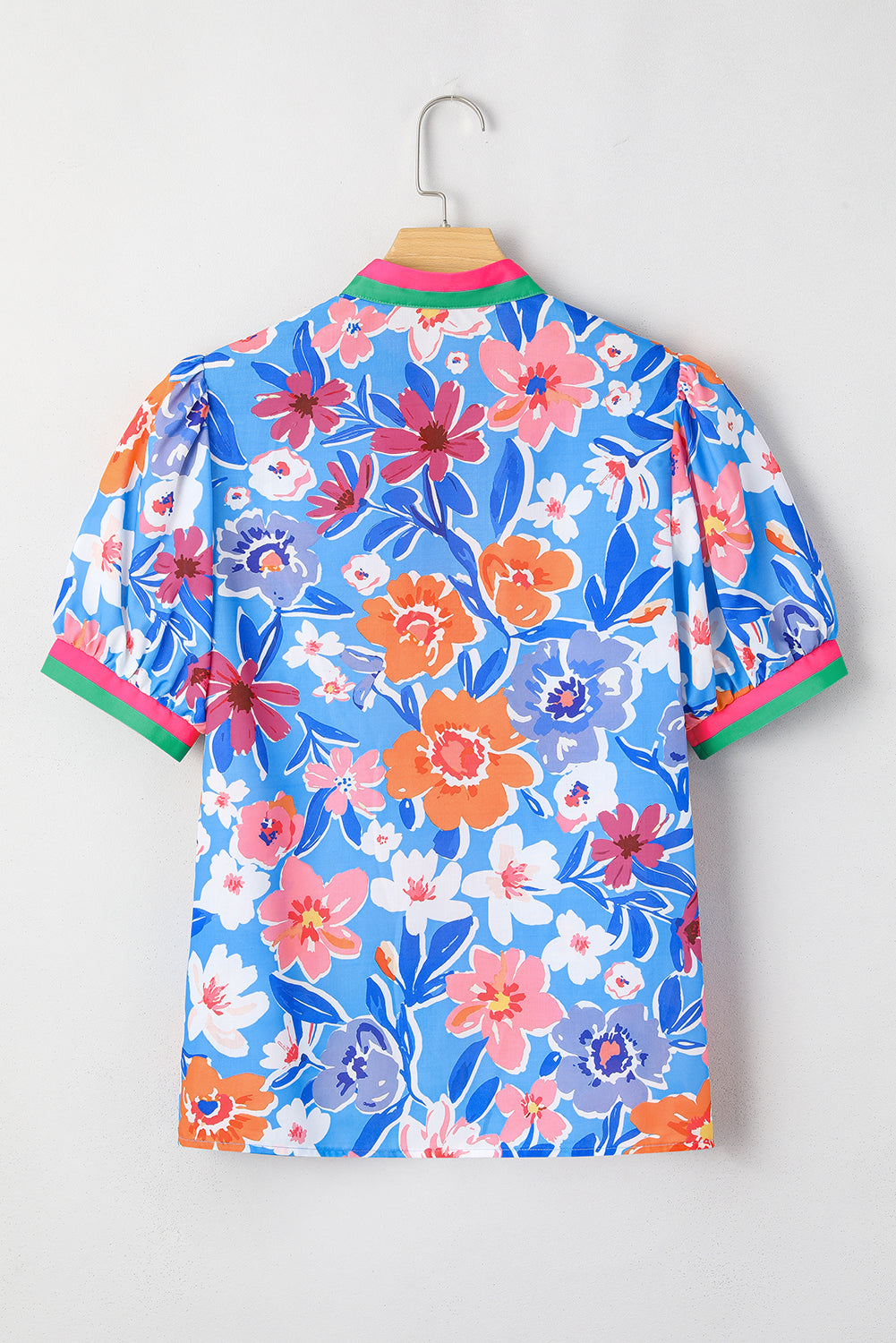 Sky Blue Floral Colorblock Edge Puff Sleeve Split Neck Blouse