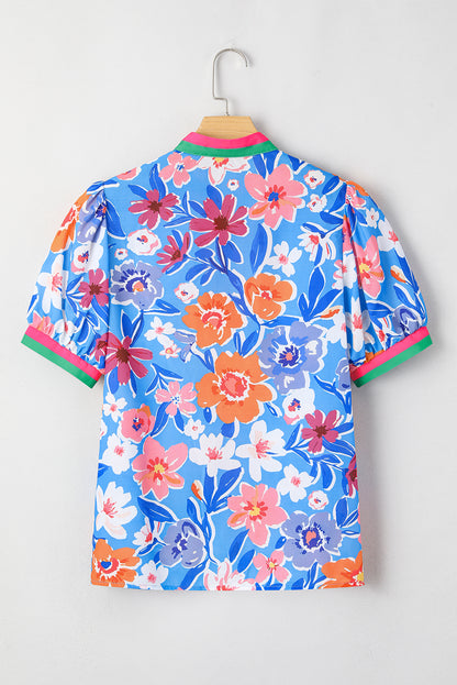 Sky Blue Floral Colorblock Edge Puff Sleeve Split Neck Blouse