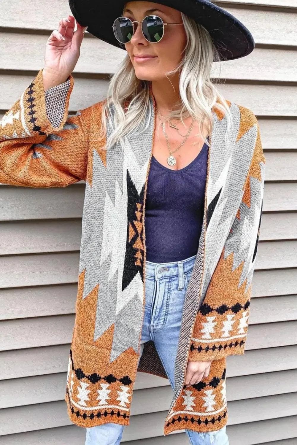 Gold Flame Aztec Graphic Open-Front Cardigan - Chic Meadow Boutique 