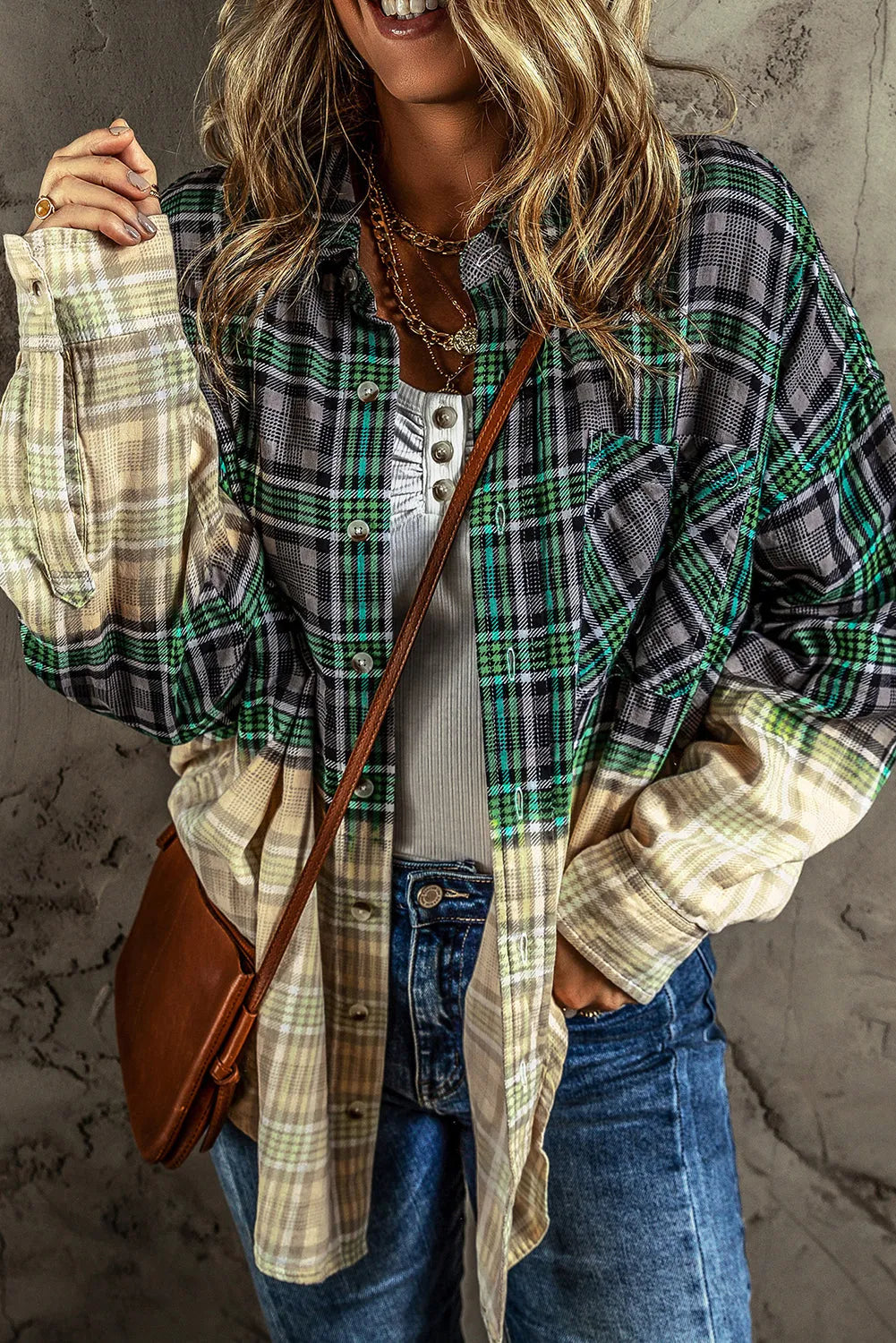 Blackish Green Contrast Plaid Patchwork Chest Pocket Button up Shacket - Chic Meadow Boutique 