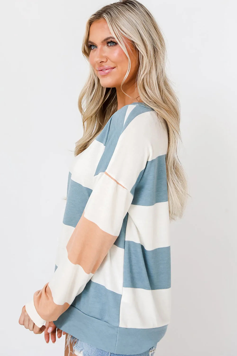 Light Blue Colorblock Striped Drop Shoulder Long Sleeve Top - Chic Meadow Boutique 