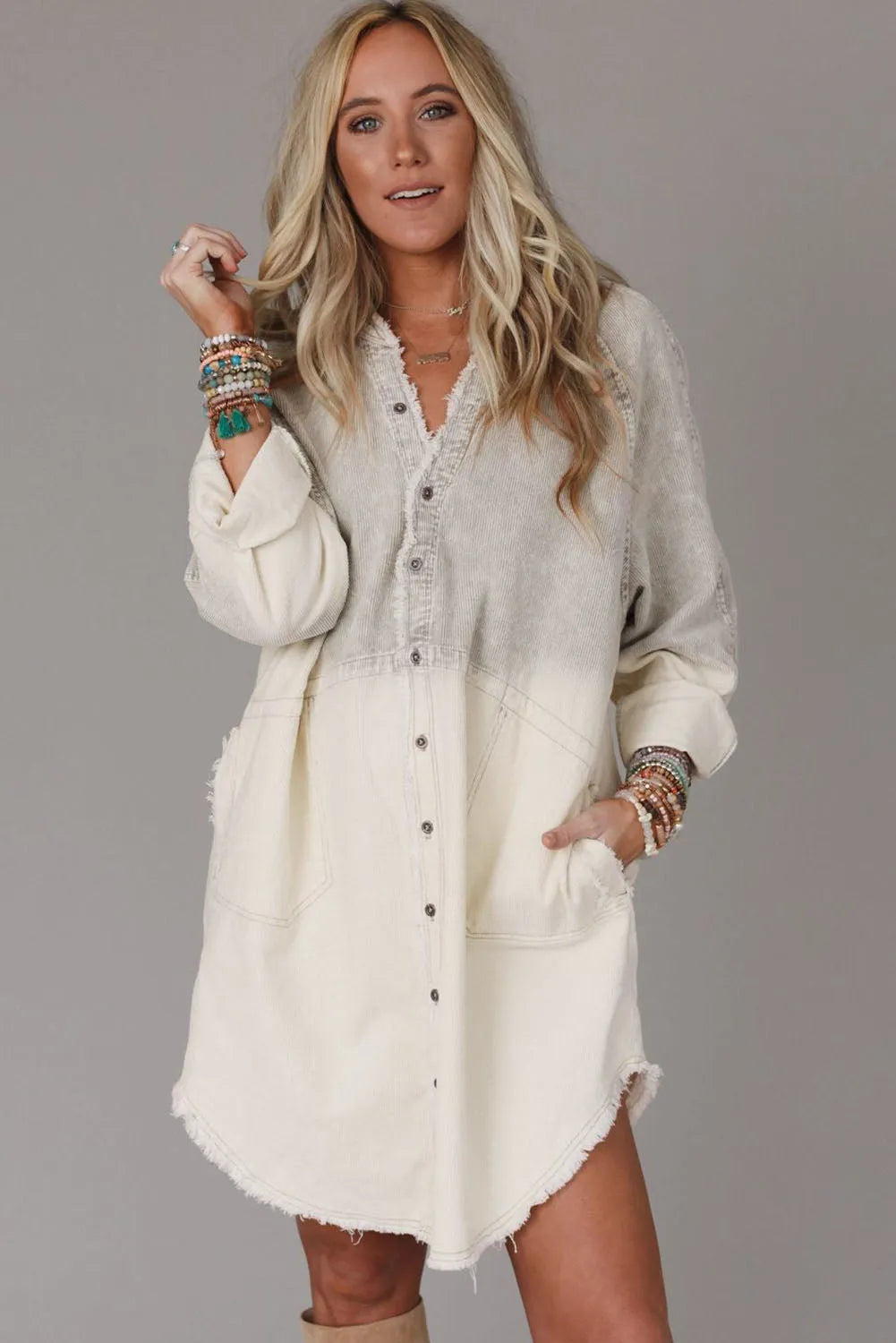 Gray Gradient Long Sleeve Button Up Raw Hem Denim Dress - Chic Meadow Boutique 