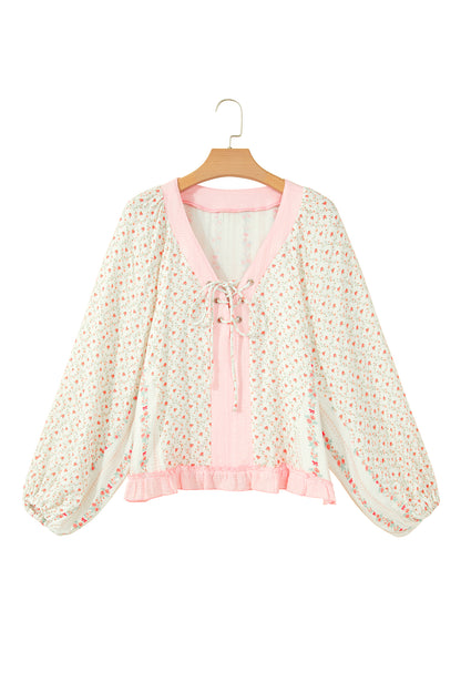 Beige Floral Print Color Block Trim Lace-up V Neck Long Sleeve Blouse