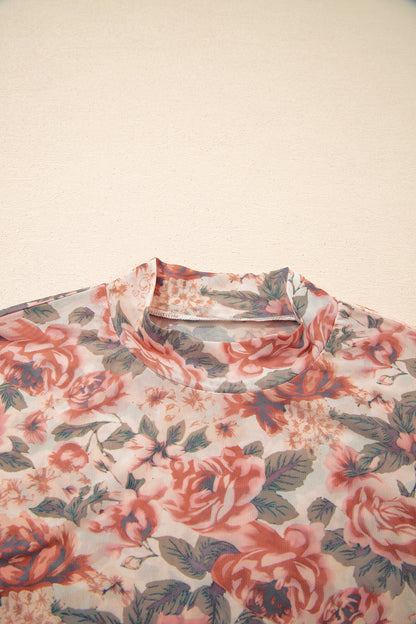 Black Retro Floral Print Mesh Long Sleeve Top