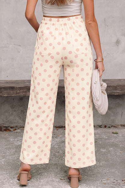 White Polka Dot Print Patched Pocket Loose Pants