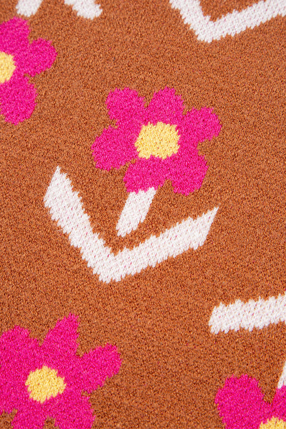 Brown Floral Short Puff Sleeve Sweater