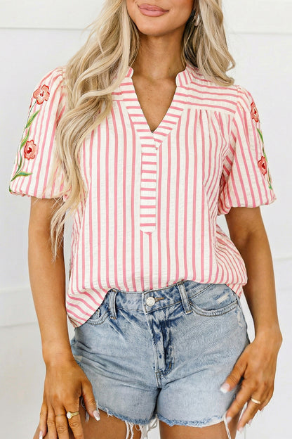Pink Stripe Print Floral Embroidered Puff Sleeve V Neck Blouse