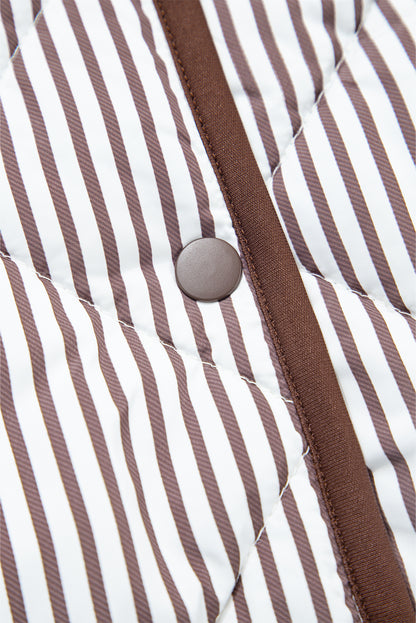 Brown Stripe Snap Button Scalloped Hem Collared Winter Vest