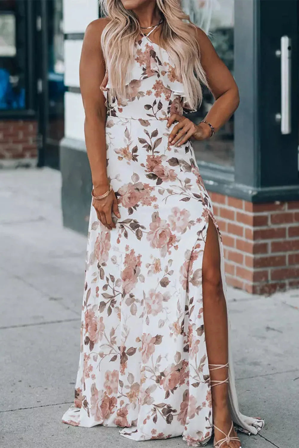 White Floral Slit Ruffled Halterneck Maxi Dress - Chic Meadow Boutique 