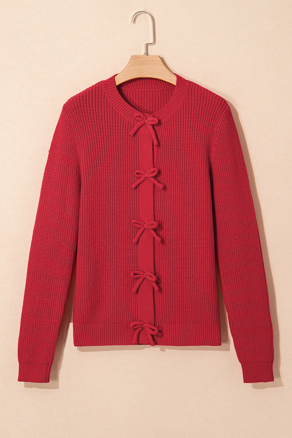 Fiery Red Ribbed Knit Bow Front Buttoned Cardigan