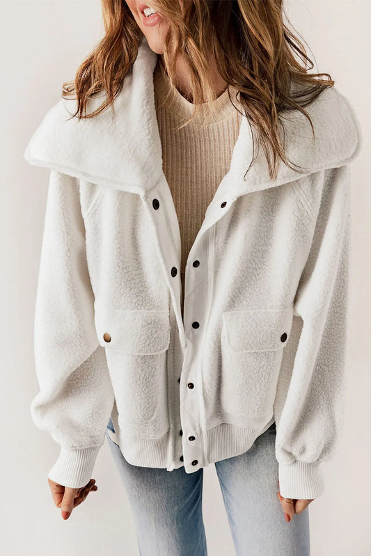 White Button Flap Pocket Spread Collar Fleece Jacket - Chic Meadow Boutique 