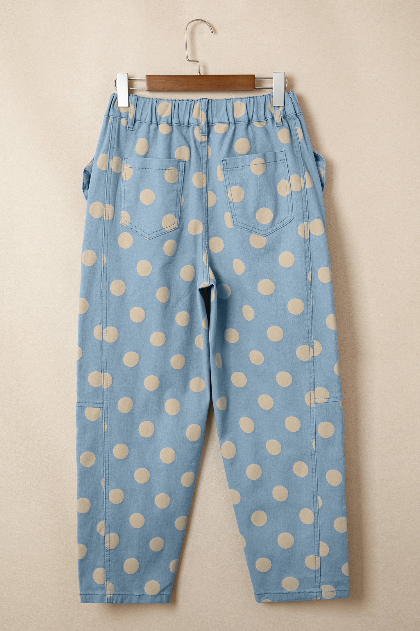 Sky Blue Polka Dot Print Bow Detail Pocketed Jeans
