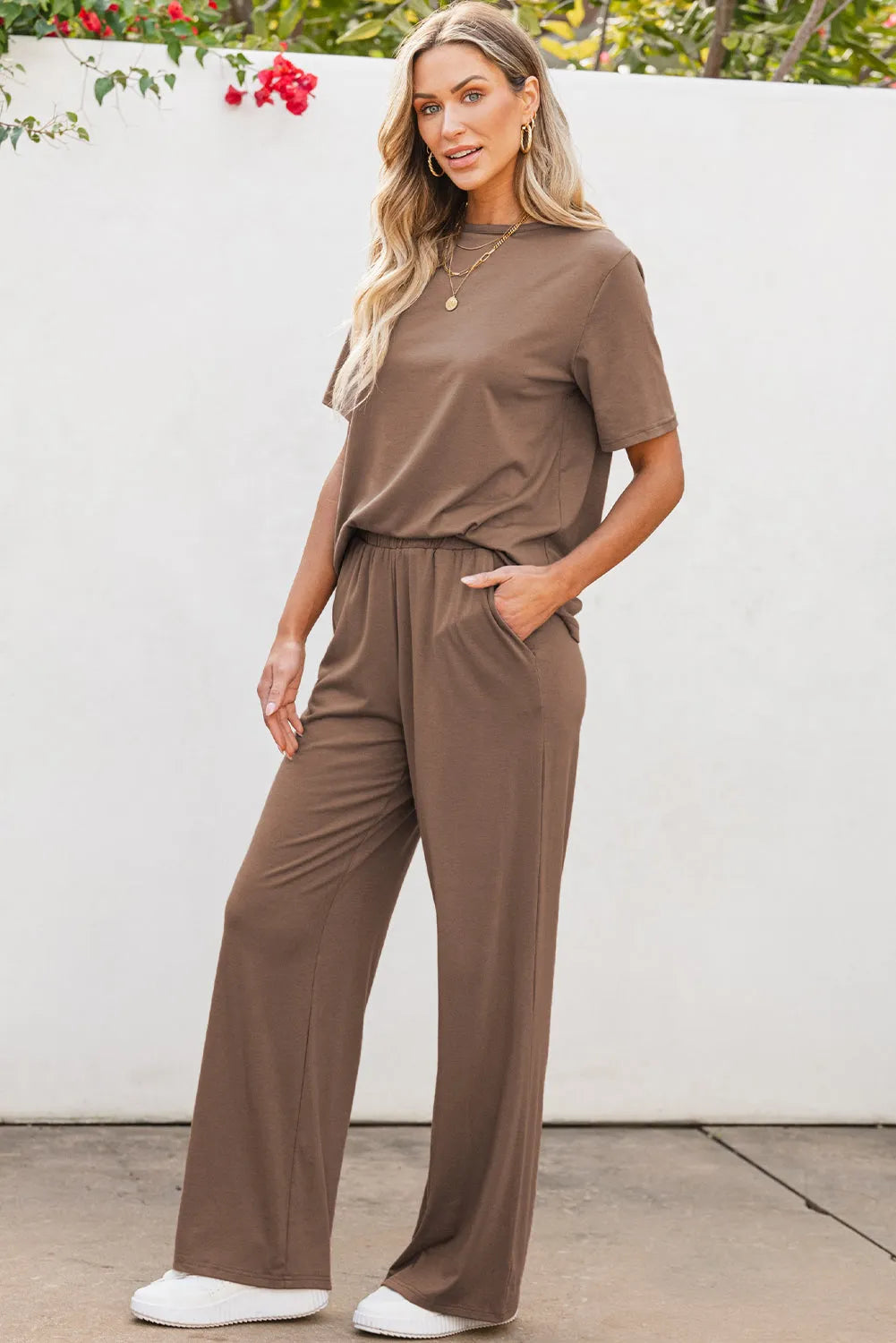 Smoke Gray Solid Color T Shirt 2pcs Wide Leg Pants Set - Chic Meadow Boutique 