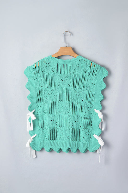 Mint Green Pointelle Knit Patterned Scalloped Trim Short Sleeve Sweater