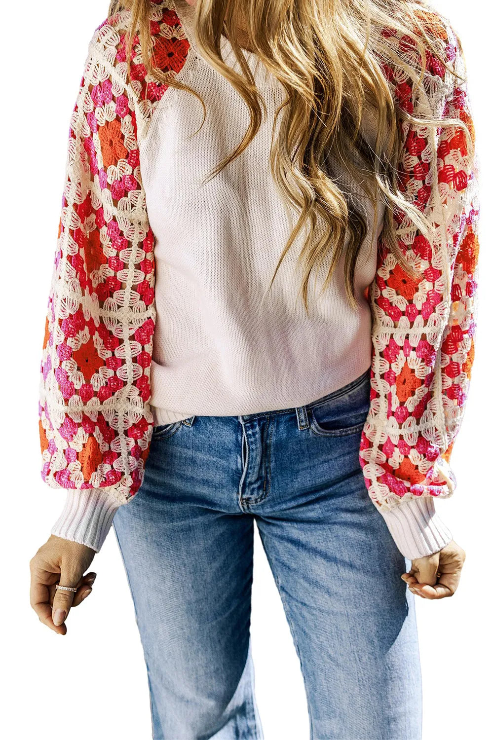 Rose Crochet Puff Sleeve Contrast Knit Sweater - Chic Meadow Boutique 