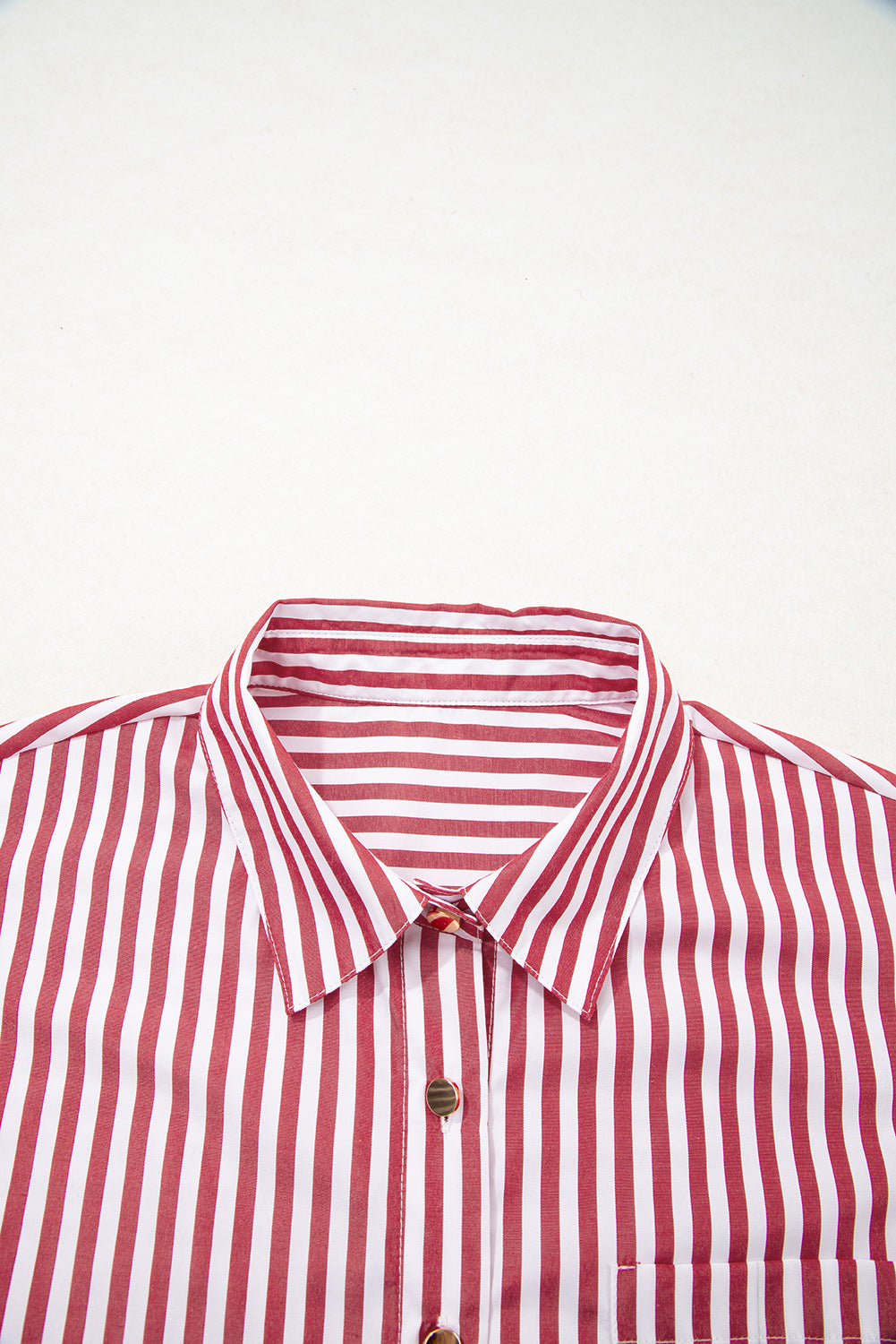 Red Stripe Patched Pocket Side Slit Loose Shirt