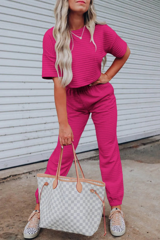 Rose Red Lattice Textured Cropped Tee and Jogger Pants Set - Chic Meadow Boutique 