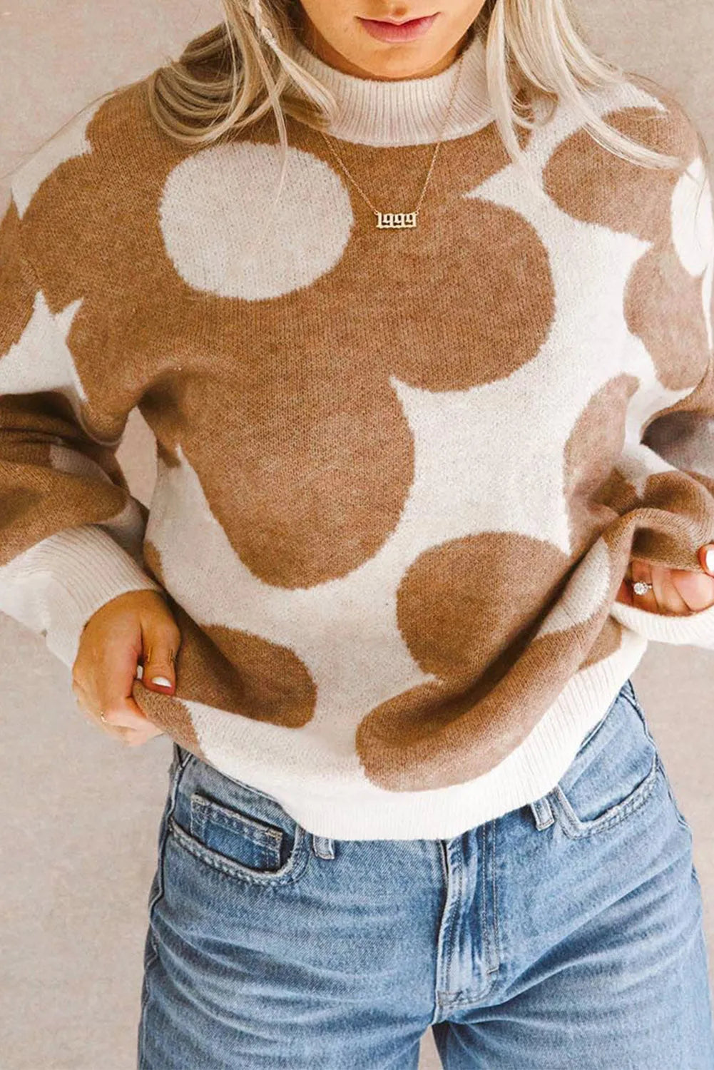 Khaki Big Flower Pattern Drop Shoulder Sweater - Chic Meadow Boutique 