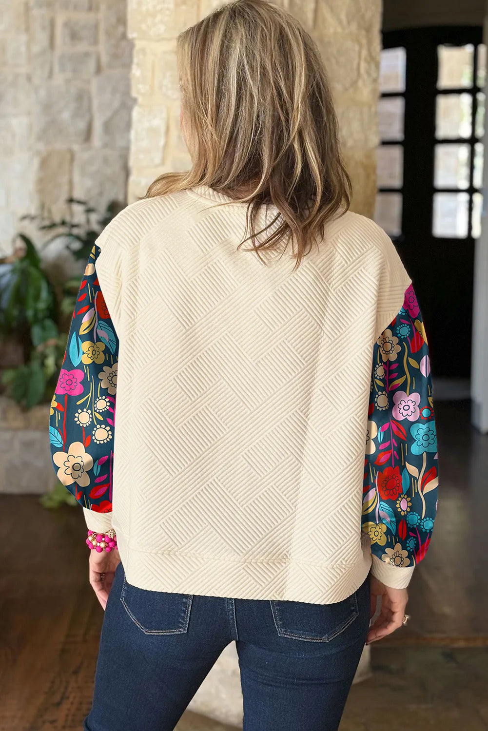 White Floral Patchwork Sleeve Textured Plus Size Pullover Top - Chic Meadow Boutique 