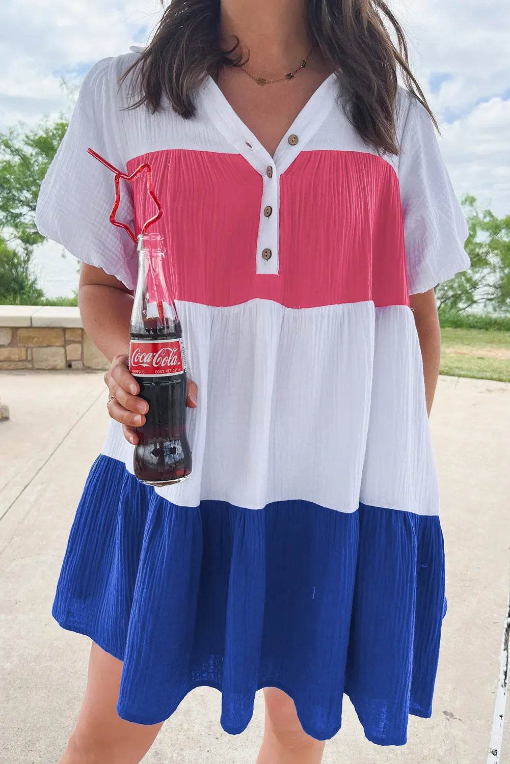 White Crinckle Colorblock Puff Sleeve Buttons Babydoll Dress - Chic Meadow Boutique 