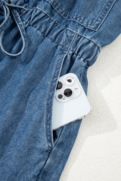 Sky Blue Buckle Straps Bib Style Drawstring Tied Backless Flared Denim Romper