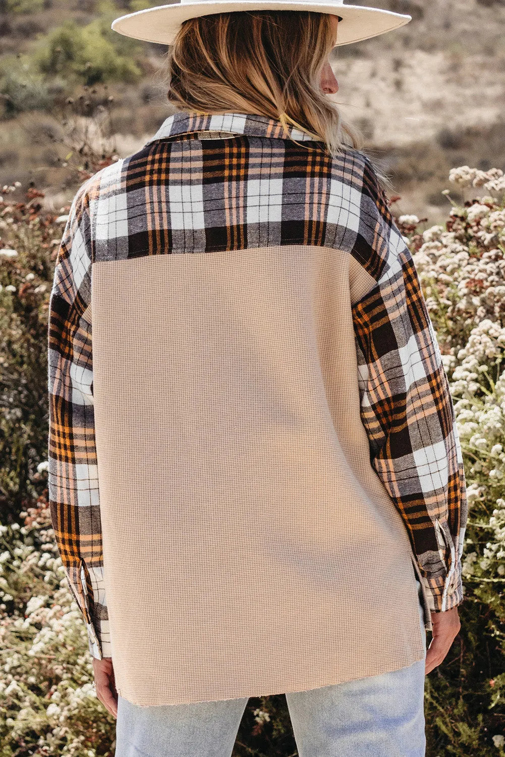 Outerwear/Plaid Shackets Khaki Thermal Knit Plaid Patchwork Shacket