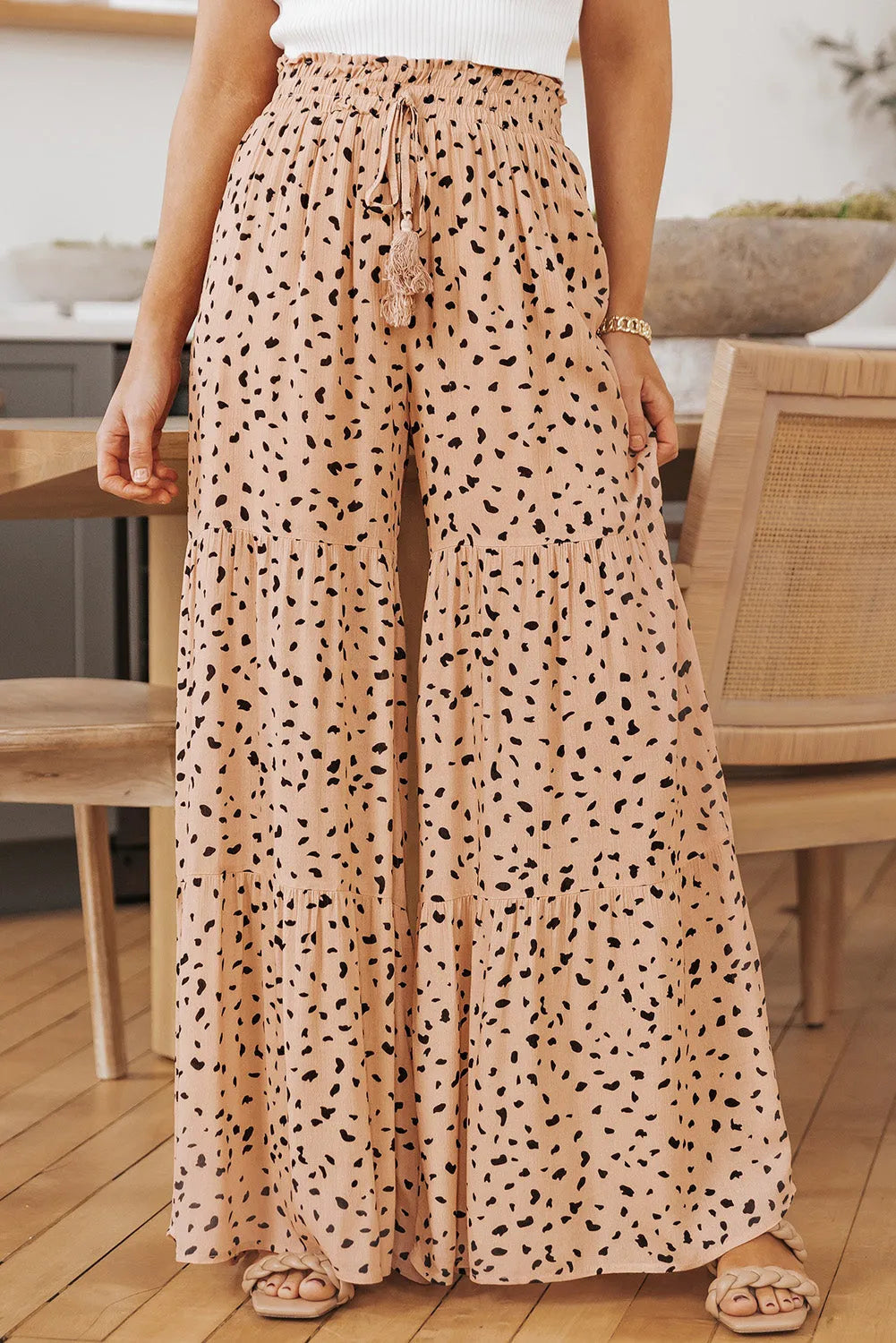 Brown Ruffle Wide Leg Dalmatian Palazzo Pants - Chic Meadow Boutique 