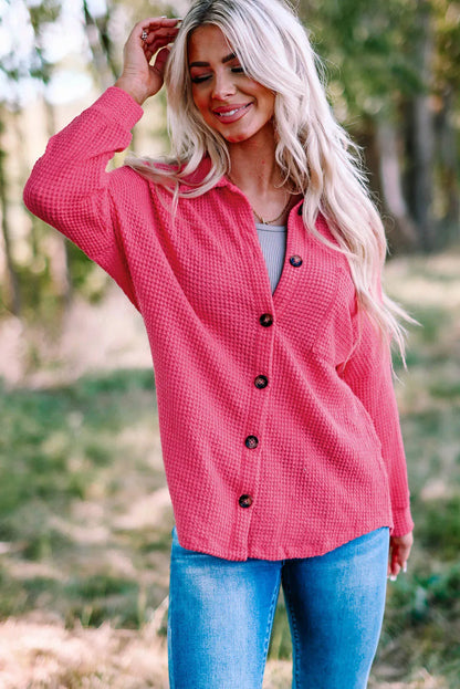 Pink Waffle Knit Button Up Casual Shirt - Chic Meadow Boutique 