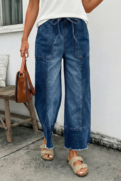 Prussian Blue Drawstring Seam Detail Raw Hem Wide Leg Denim Pants