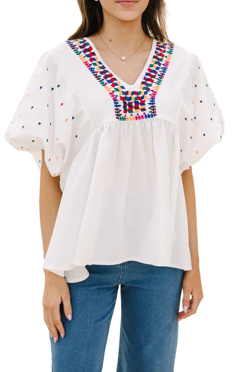 White Embroidered Puff Sleeve V Neck Blouse - Chic Meadow Boutique 