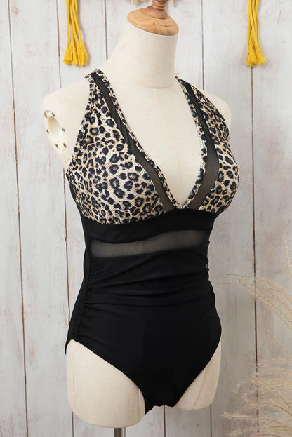 Brown Leopard Mesh Insert V Neck High Waist Monokini - Chic Meadow Boutique 