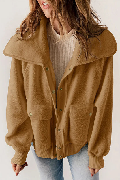 Brown Button Flap Pocket Spread Collar Fleece Jacket - Chic Meadow Boutique 