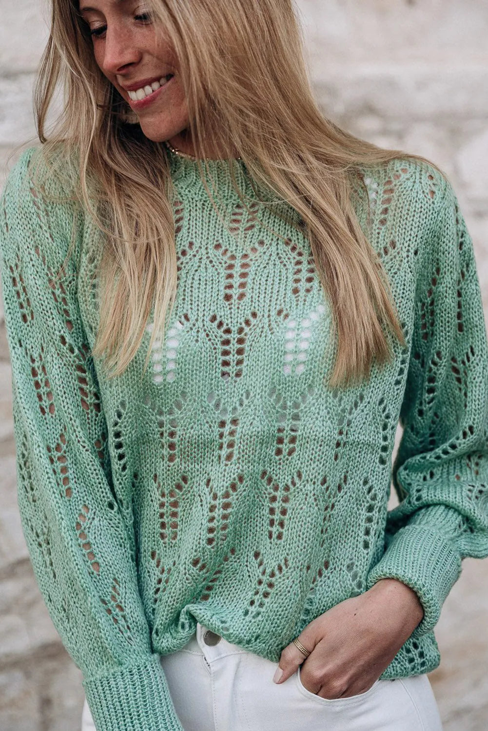 Green Sheer Knitted Pointelle Sweater - Chic Meadow Boutique 