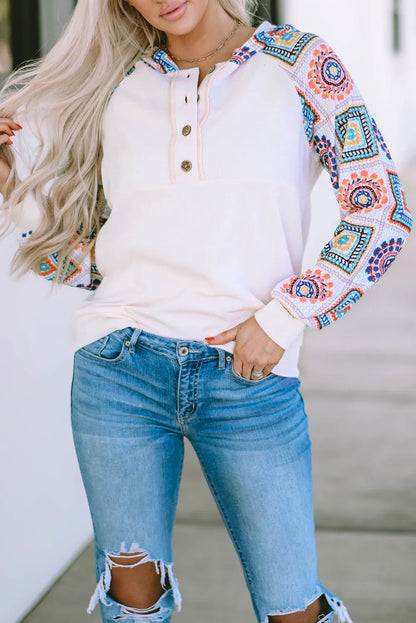 White Geometric Patchwork Raglan Sleeve Henley Hoodie - Chic Meadow Boutique 