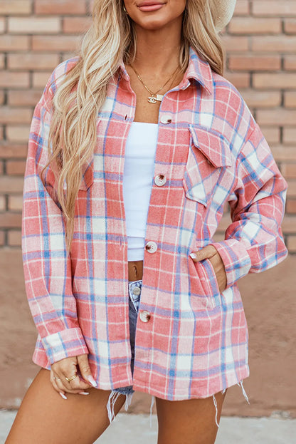 Pink Plaid Flap Pocket Button Up Shacket - Chic Meadow Boutique 