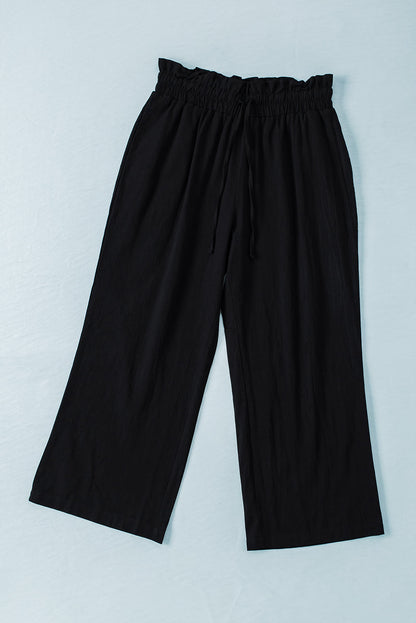 Black Paperbag Waist Straight Leg Cropped Pants