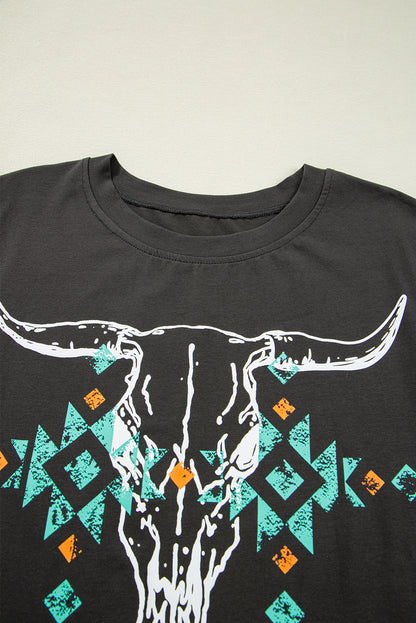 Carbon Grey Vintage Western Bull Head Skull Turquoise Aztec Graphic T Shirt