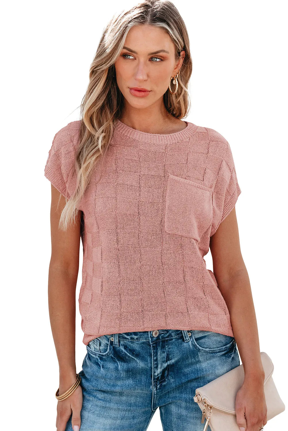 Dusty Pink Lattice Textured Knit Short Sleeve Sweater - Chic Meadow Boutique 