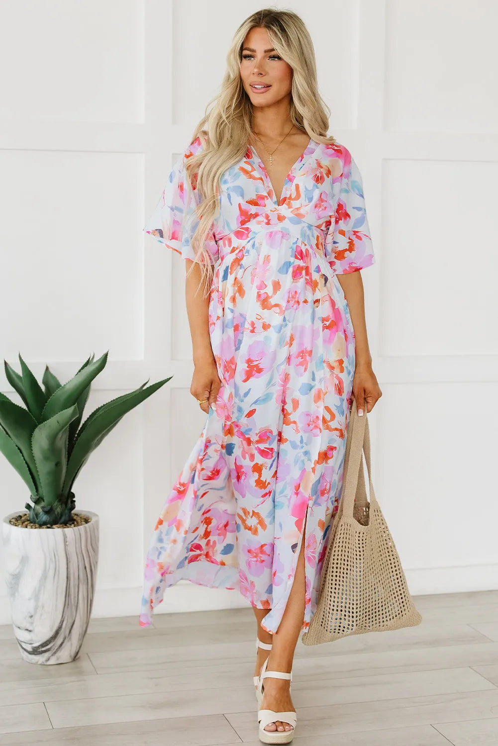 Multicolor Tropical Floral Print Ruched V Neck Maxi Dress - Chic Meadow Boutique 