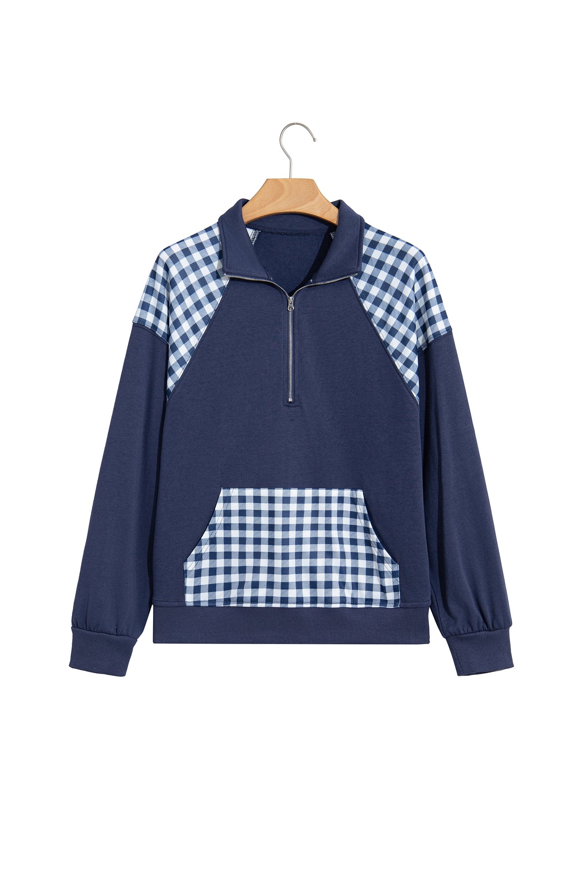 Navy Blue Patchwork Plaid Pocket Quarter Zip Sweatshirt