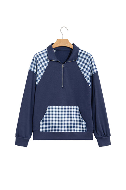 Navy Blue Patchwork Plaid Pocket Quarter Zip Sweatshirt